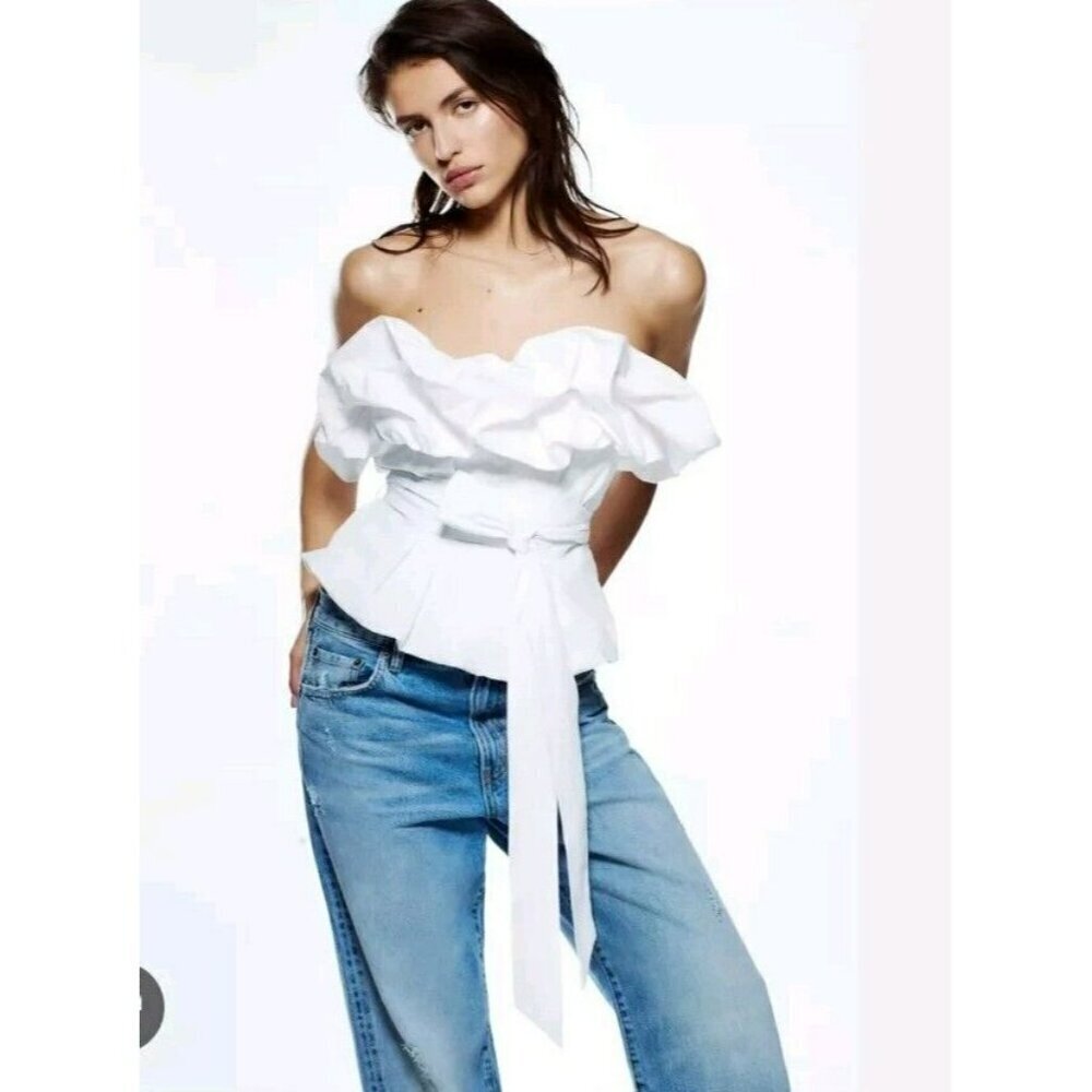 Zara Voluminous Puff Poplin Strapless Top White Size Small NWT 2649 545 - Picture 4 of 6